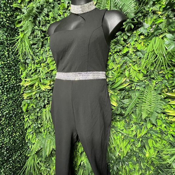 Women Jumpsuit Large Black Pants High Neckline Stoned Accent Fitted Ipoe 1710 - Picture 5 of 8